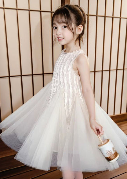 Art Apricot O-Neck Patchwork Tulle Girls Long Dress Sleeveless XZ030