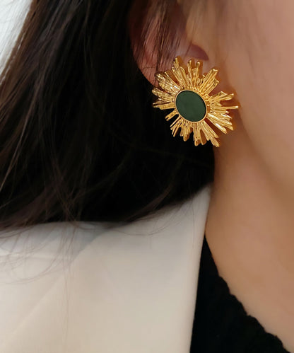 Art Blackish Green Copper Overgild Sunflower Stud Earrings QZ014