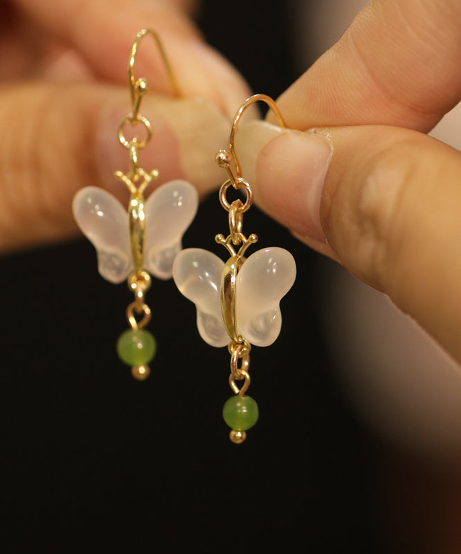 Boucles d'oreilles pendantes en forme de papillon en jade surdoré en cuivre vert QI066