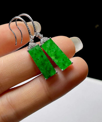 Boucles d'oreilles pendantes rectangulaires en argent sterling et jade incrusté de zircons verts Art AC1036