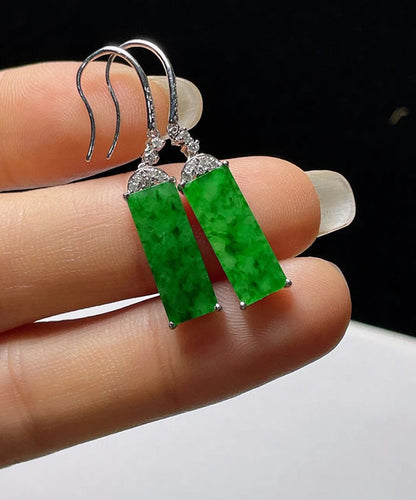 Boucles d'oreilles pendantes rectangulaires en argent sterling et jade incrusté de zircons verts Art AC1036