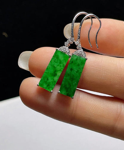 Boucles d'oreilles pendantes rectangulaires en argent sterling et jade incrusté de zircons verts Art AC1036