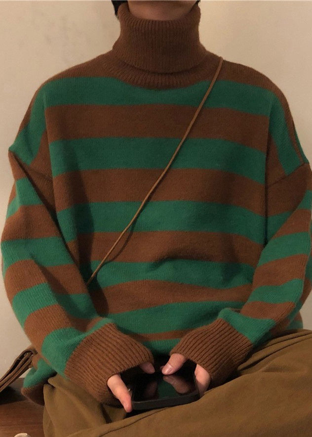 Art Green Striped Turtleneck Knit Men Sweaters Winter RJ051