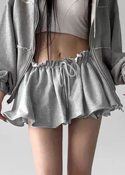 Art Grey Ruffled Lace Up Cotton Pants Skirt Summer YT002