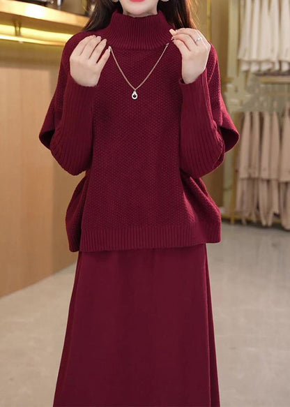 Art Mulberry Turtleneck Cotton Knit Top And Wide Leg Pants Two Piece Set Winter RF044