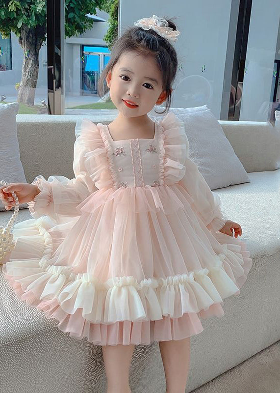 Art Pink Square Collar Embroideried Tulle Girls Long Dresses Long Sleeve XZ002