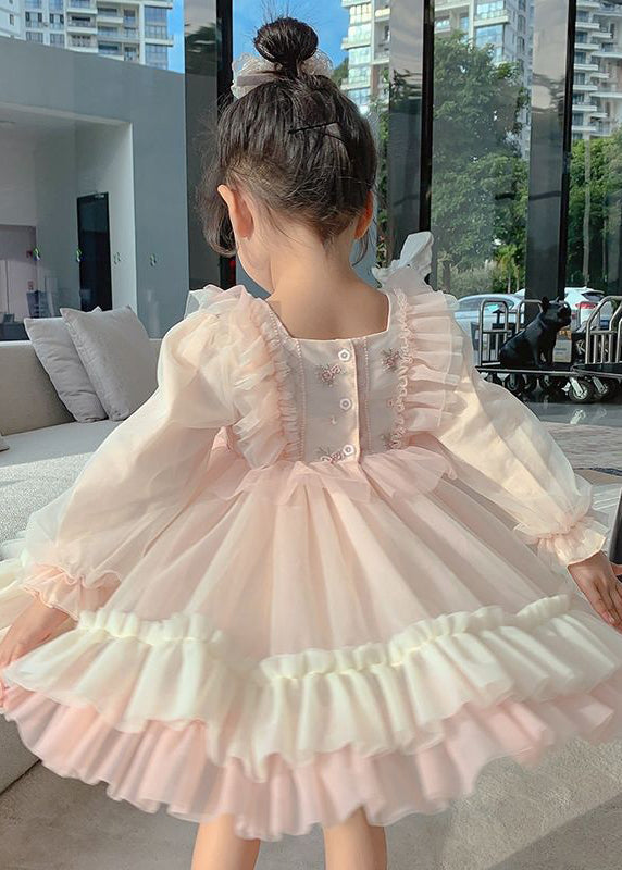 Art Pink Square Collar Embroideried Tulle Girls Long Dresses Long Sleeve XZ002