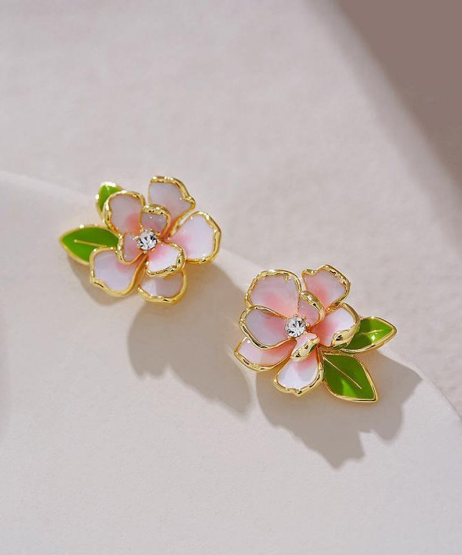 Boucles d'oreilles à tige en argent sterling rose avec zircon émaillé et fleur de camélia WP004