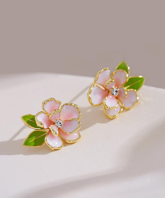 Boucles d'oreilles à tige en argent sterling rose avec zircon émaillé et fleur de camélia WP004