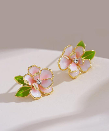 Boucles d'oreilles à tige en argent sterling rose avec zircon émaillé et fleur de camélia WP004