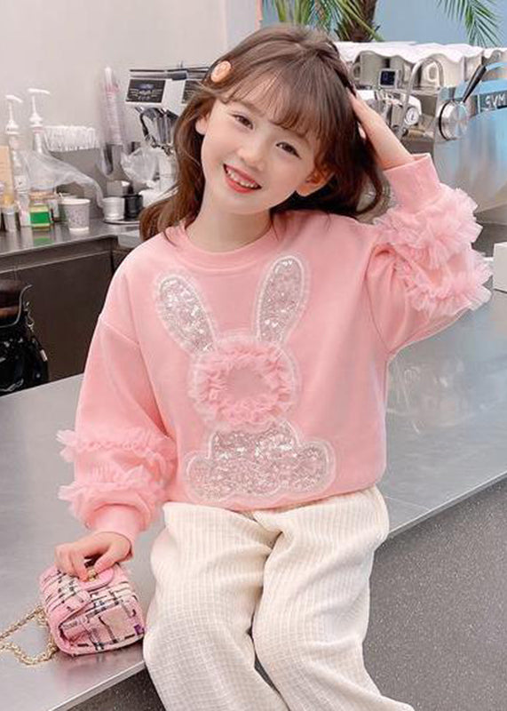 Art Pink Tulle Patchwork Little Rabbit Sequins Kids Sweatshirts Top Fall QV050