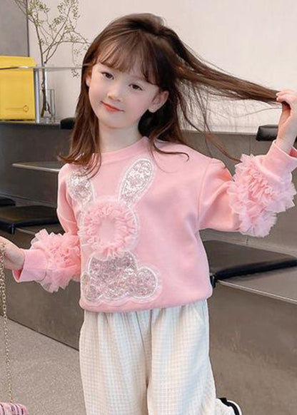 Sweat-shirt à paillettes en tulle rose pour enfants, patchwork, petit lapin, automne QV050