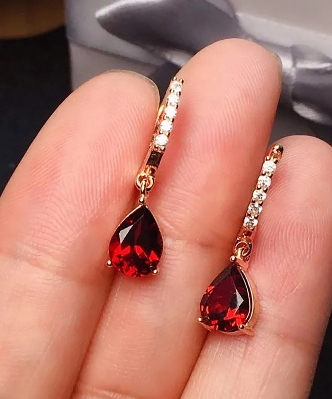 Art Red Sterling Silver Overgild Inlaid Gem Stone Zircon Drop Earrings AC1052