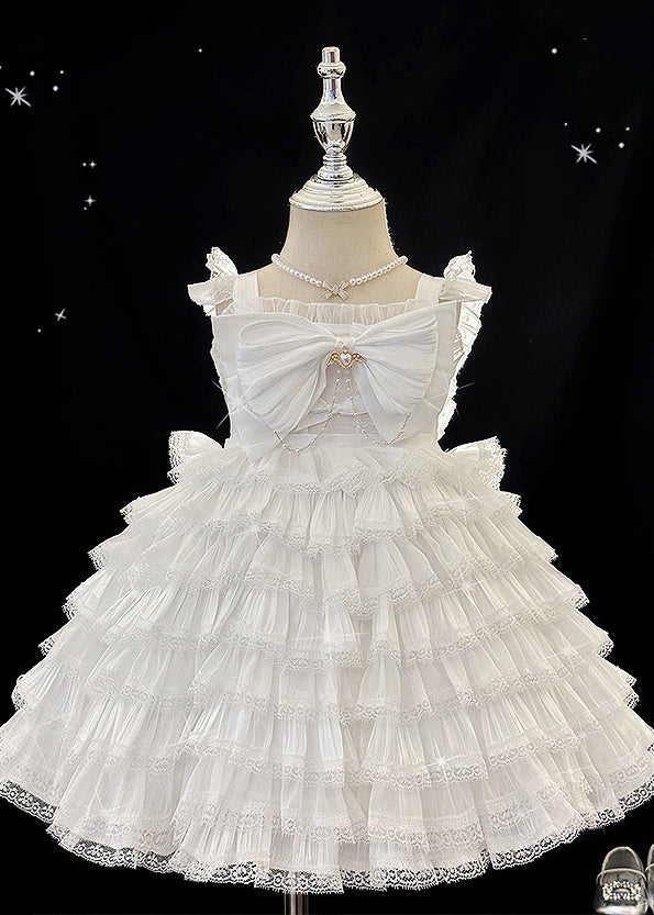 Art White Bow Patchwork Tulle Girls Long Spaghetti Strap Dress Summer YE010