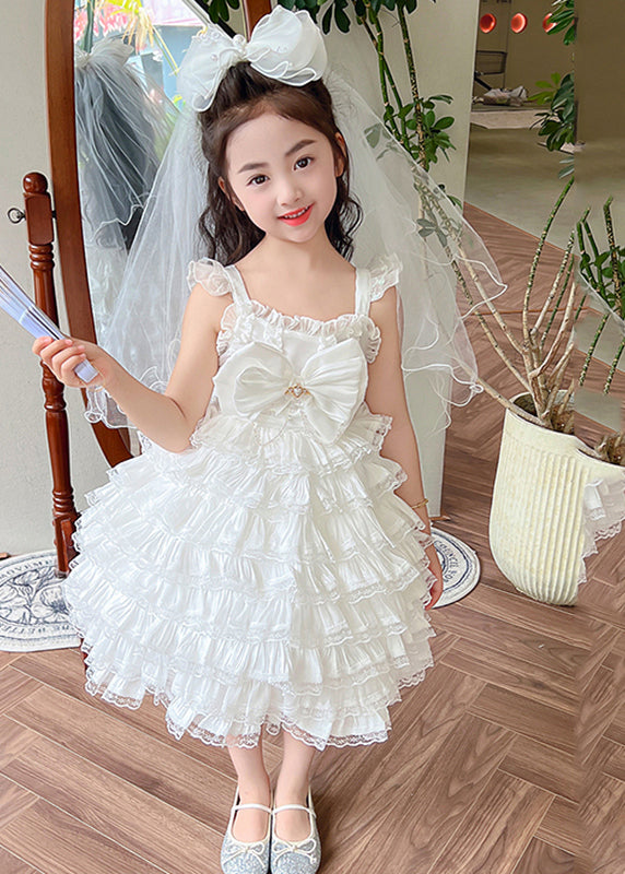 Art White Bow Patchwork Tulle Girls Long Spaghetti Strap Dress Summer YE010