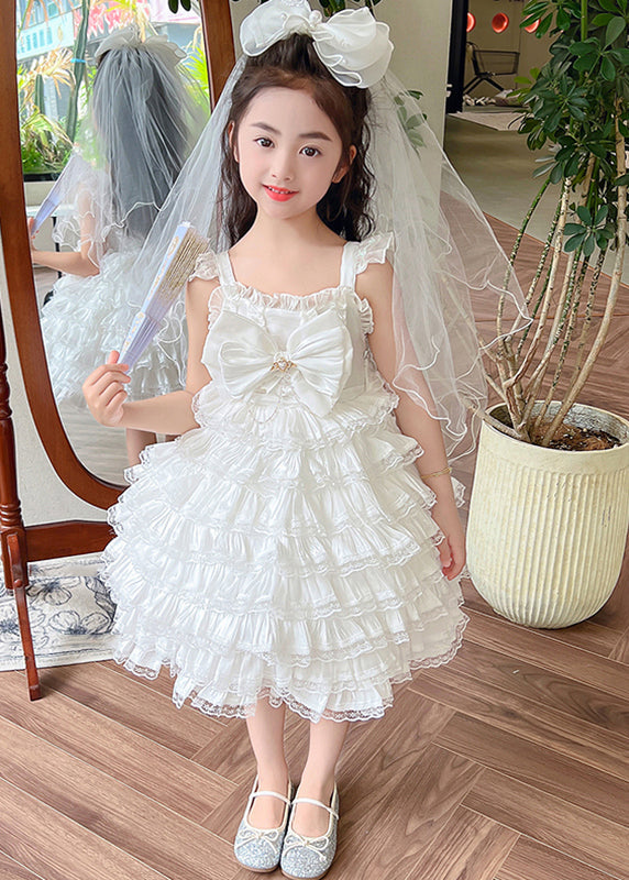 Art White Bow Patchwork Tulle Girls Long Spaghetti Strap Dress Summer YE010