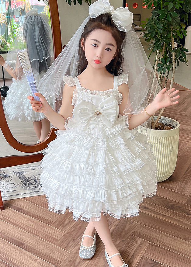 Art White Bow Patchwork Tulle Girls Long Spaghetti Strap Dress Summer YE010