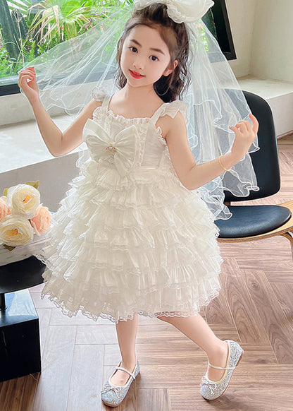 Art White Bow Patchwork Tulle Girls Long Spaghetti Strap Dress Summer YE010