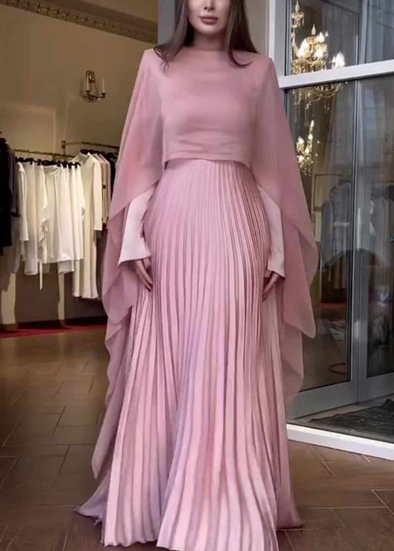 Autumn New Pink Pleated Long Sleeved Dress Shawl Set WO060