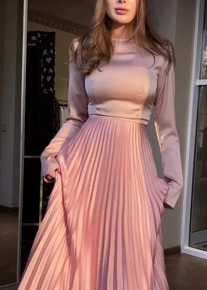 Ensemble châle et robe plissée à manches longues rose pour l'automne WO060