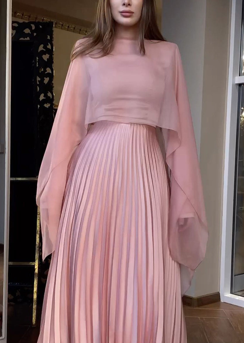 Ensemble châle et robe plissée à manches longues rose pour l'automne WO060