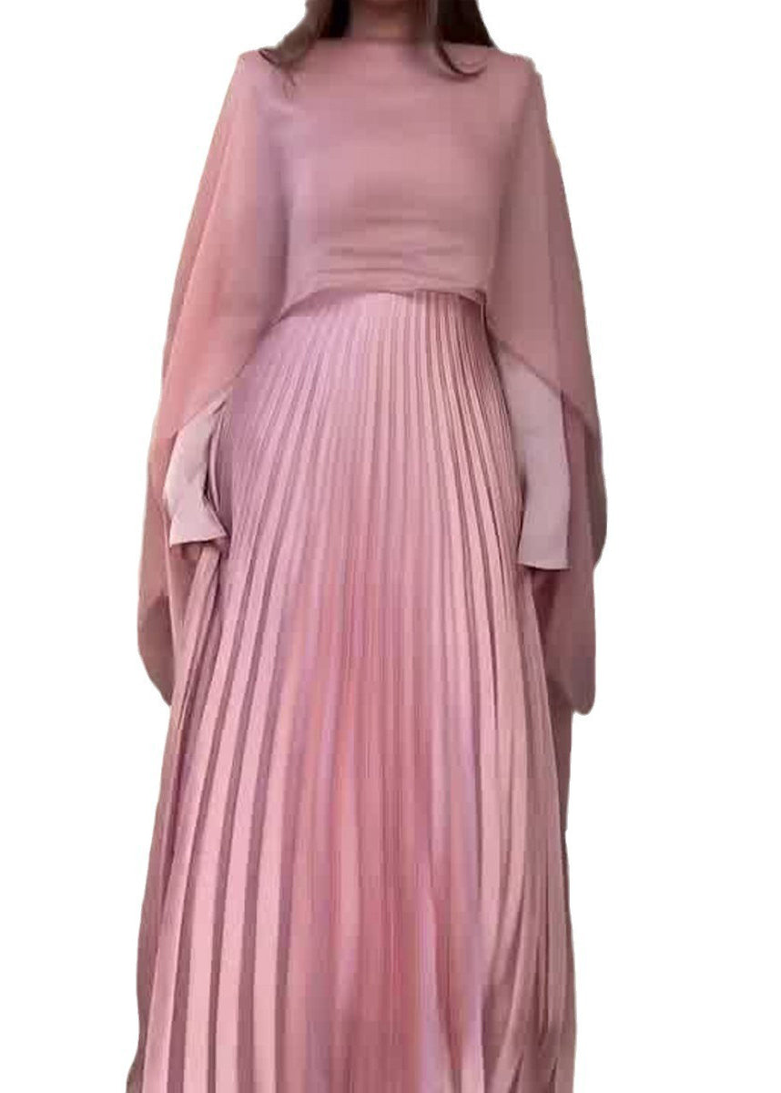 Ensemble châle et robe plissée à manches longues rose pour l'automne WO060