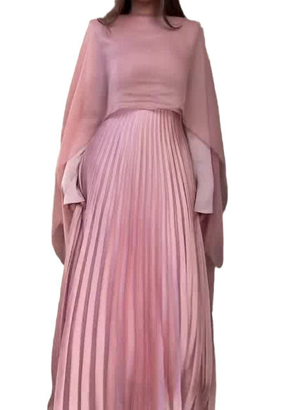 Autumn New Pink Pleated Long Sleeved Dress Shawl Set WO060