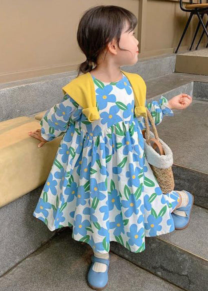 Beautiful Blue O Neck Print Cotton Girls Long Dress Long Sleeve XZ089