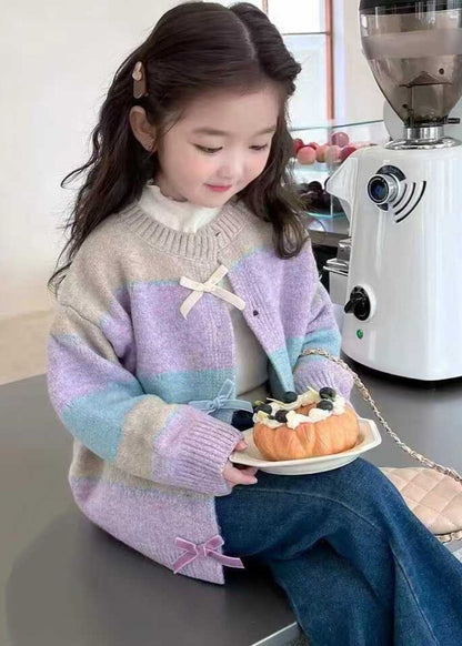 Beautiful Colorblock O-Neck Button Cotton Knit Girls Cardigan Winter WL045