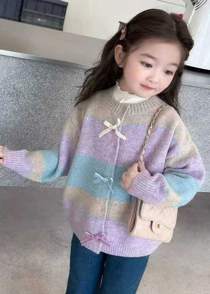 Beautiful Colorblock O-Neck Button Cotton Knit Girls Cardigan Winter WL045