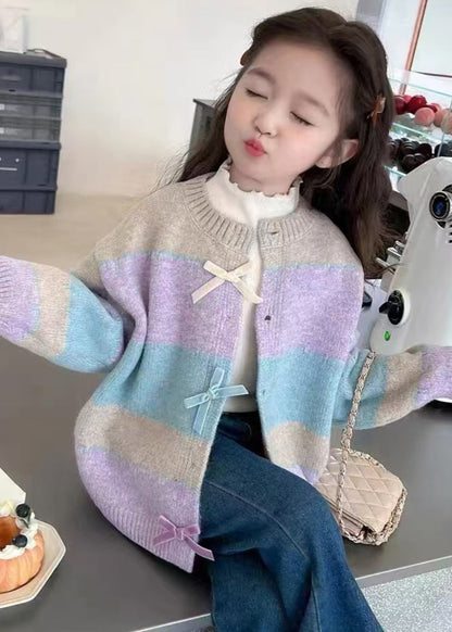 Beautiful Colorblock O-Neck Button Cotton Knit Girls Cardigan Winter WL045