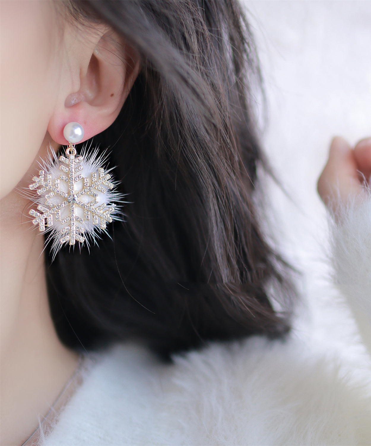 Beautiful Gold Sterling Silver Mink Velvet Snowflake Drop Earrings TS003