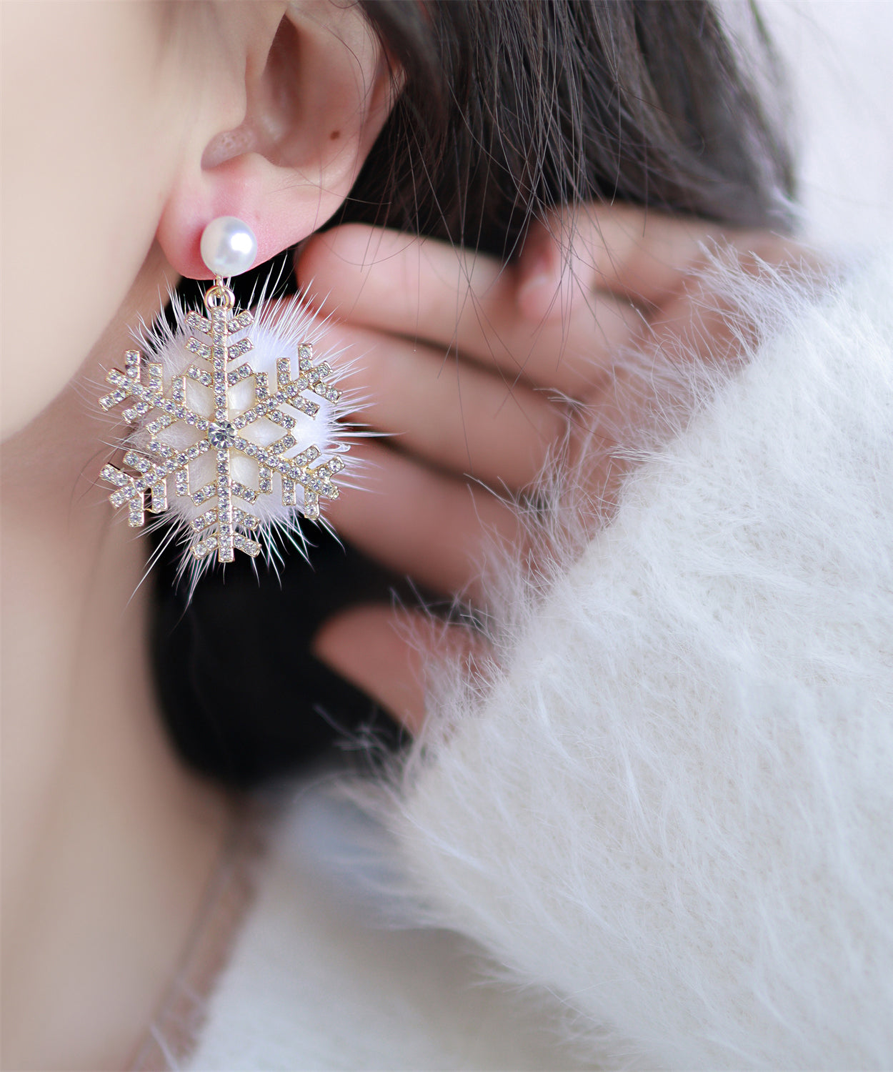 Beautiful Gold Sterling Silver Mink Velvet Snowflake Drop Earrings TS003