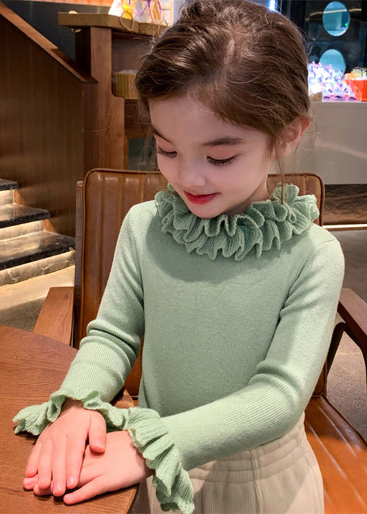 Beautiful Green Patchwork Cotton Knit Girls Sweater Petal Sleeve TP041