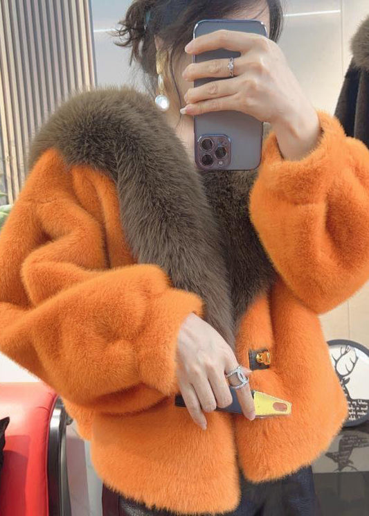 Beautiful Orange Fur Collar Leather And Fur Coats Winter TY017