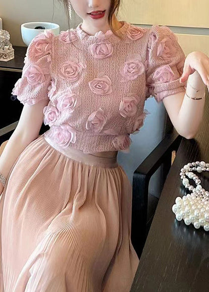 Beautiful Pink Floral Hollow Out Knit Top Summer WX021