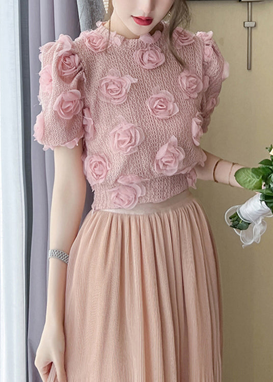 Wunderschönes rosa florales Stricktop mit Hohlsaum, Sommer-WX021