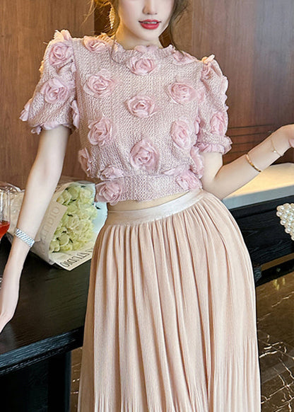 Beautiful Pink Floral Hollow Out Knit Top Summer WX021