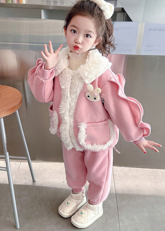 Beautiful Pink Peter Pan Collar Warm Fleece Girls Coats And Beam Pants Two Pieces Set Winter TR016