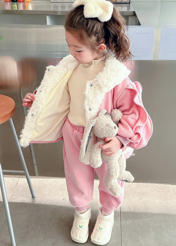 Beautiful Pink Peter Pan Collar Warm Fleece Girls Coats And Beam Pants Two Pieces Set Winter TR016