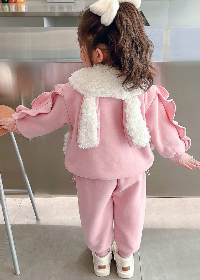 Beautiful Pink Peter Pan Collar Warm Fleece Girls Coats And Beam Pants Two Pieces Set Winter TR016