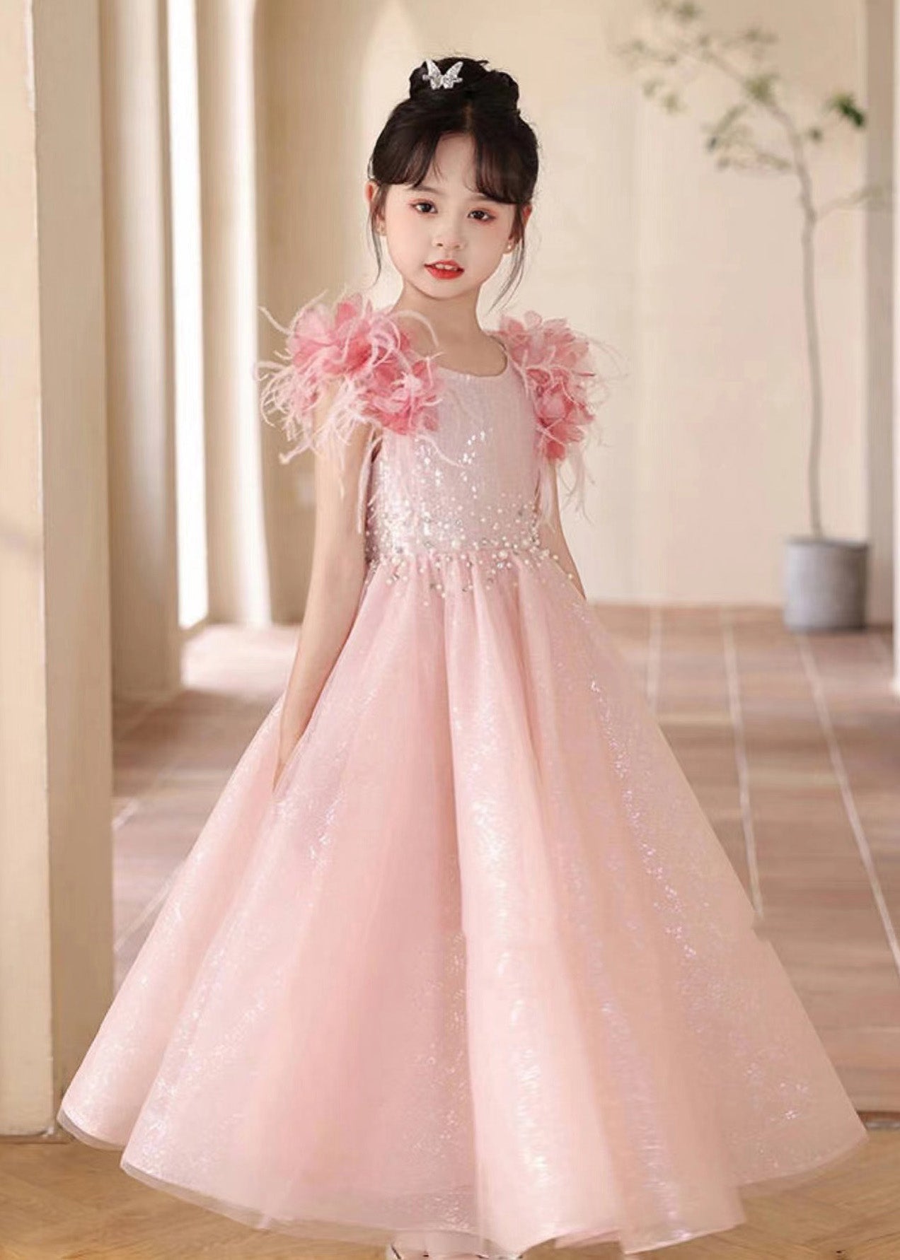 Beautiful Pink Sequins Patchwork Tulle Girls Maxi Dresses Summer YE001