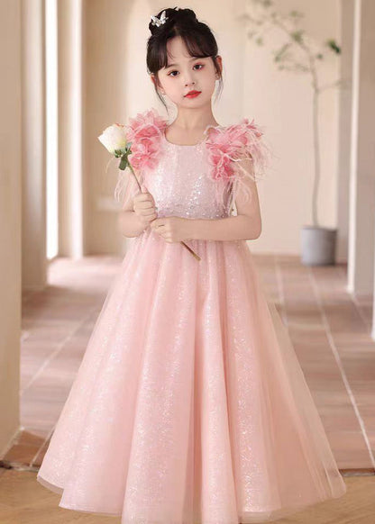 Beautiful Pink Sequins Patchwork Tulle Girls Maxi Dresses Summer YE001