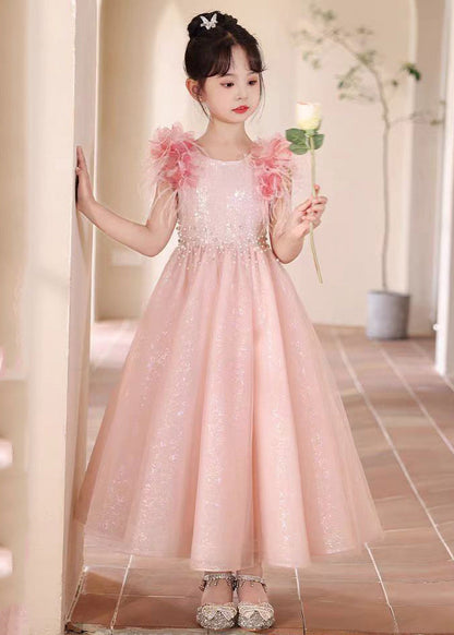 Beautiful Pink Sequins Patchwork Tulle Girls Maxi Dresses Summer YE001