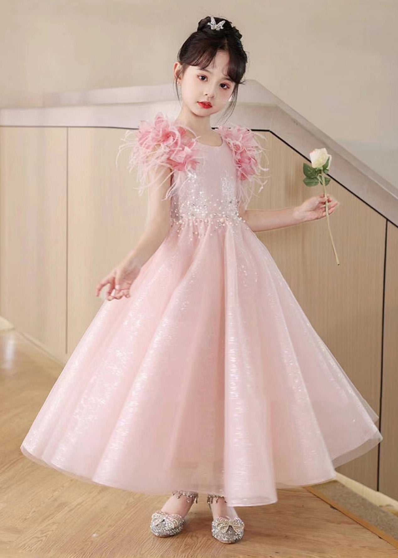 Beautiful Pink Sequins Patchwork Tulle Girls Maxi Dresses Summer YE001