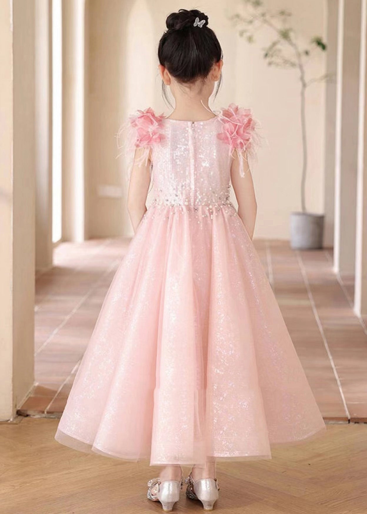 Beautiful Pink Sequins Patchwork Tulle Girls Maxi Dresses Summer YE001