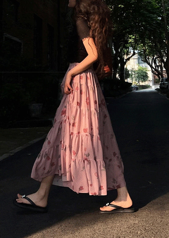 Beautiful Pink Wrinkled Print Elastic Waist Chiffon Skirts Spring QQ1047