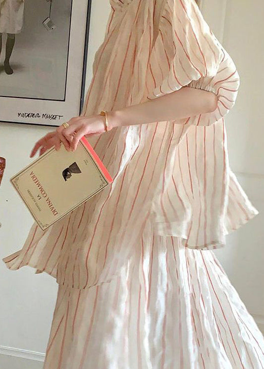 Beautiful Puff Sleeve Striped Cotton Two Pieces Set ZL005