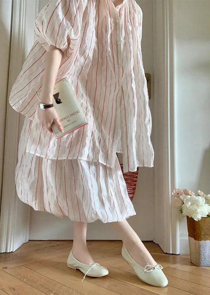 Beautiful Puff Sleeve Striped Cotton Two Pieces Set ZL005