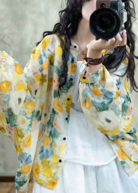 Beautiful Yellow Print Button Linen Loose Shirts Lantern Sleeve TI028